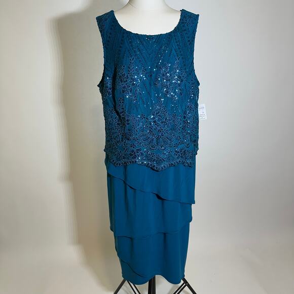 NWT Maya Brooke Teal Tiered Sequin 2 Piece Jacket Dress Set Womens Plus Size 18W - Picture 6 of 12